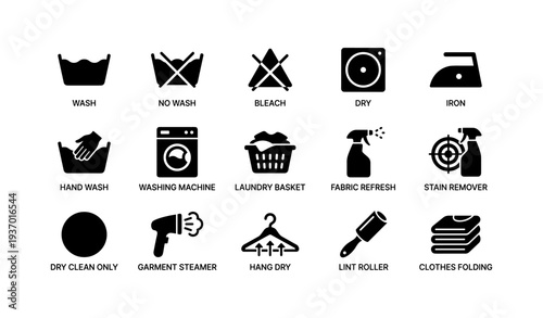Laundry symbols and tools icons including wash, dry, iron, bleach, and stain remover