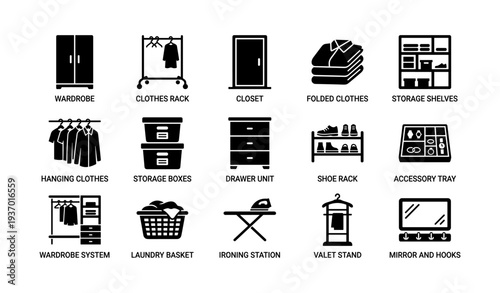 Home organization icons: wardrobe, storage, and laundry essentials
