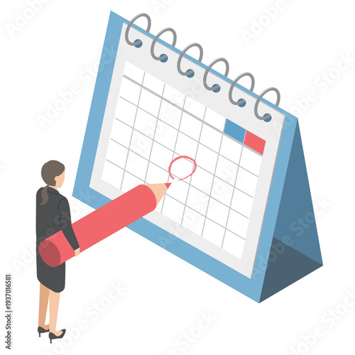 カレンダーに印をつける会社員性女性・アイソメトリック