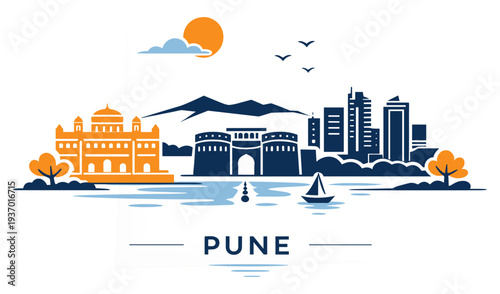 Pune City Skyline Maharashtra India Travel Landmark Flat Vector Illustration