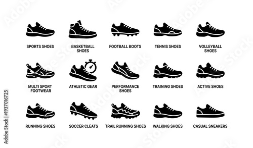 Variety of athletic footwear: sports, basketball, football, tennis, volleyball, running, casual sneakers