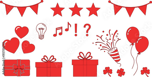 Red Celebration Doodle Icon Set with Hearts, Gift Boxes, Balloons, Stars and Party Decorations, Festive Elements for Birthday, Valentine and Event Design