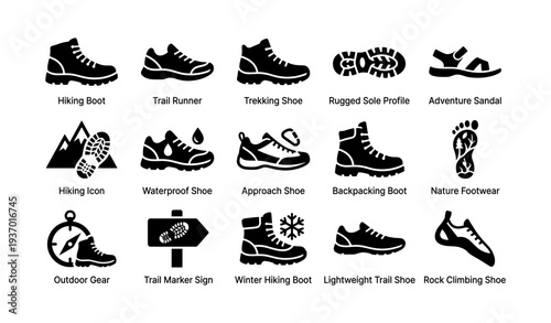 Outdoor footwear icons featuring hiking boots and trail shoes