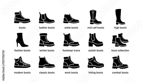 Variety of stylish boots icons: ankle, mid-calf, high, leather, winter footwear collection