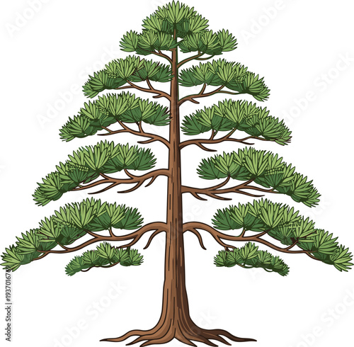 Coniferous pine tree vector illustration, botanical evergreen artwork, symmetrical foliage design, nature inspired drawing, decorative forest plant stock content