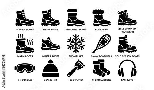 Winter footwear and accessories collection with icons of boots, snowflake, goggles and more
