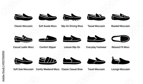 Variety of moccasins and slip-ons: classic, casual, and comfortable shoe styles illustrated