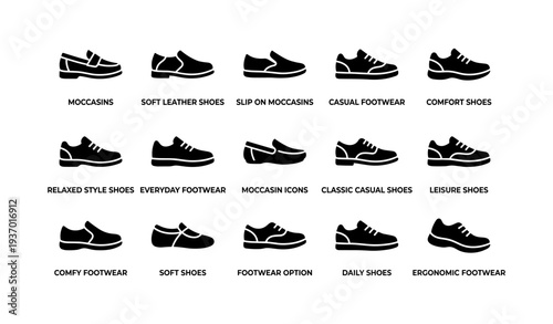 Silhouette collection of various casual moccasins and soft leather shoe designs