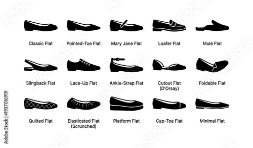 Variety of women's flat shoes silhouettes with styles labeled