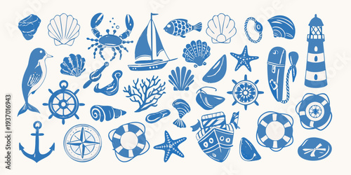A collection of blue nautical illustrations featuring sea life and objects