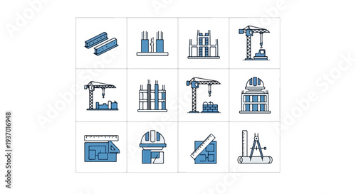 Twelve vector icons illustrate construction and engineering concepts, including building materials, structures, cranes, and tools, presented in a blue and grey palette.
