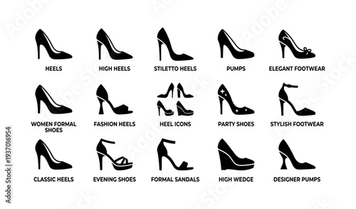 Elegant women's footwear icons: heels, pumps, stilettos, sandals, wedges, formal shoes