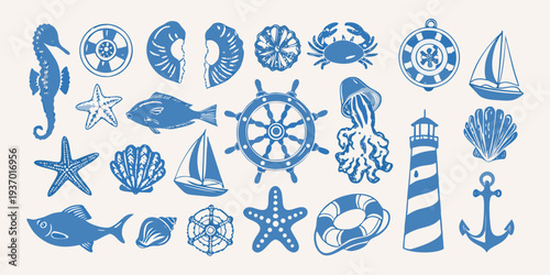 A collection of blue nautical illustrations depicting sea life and objects