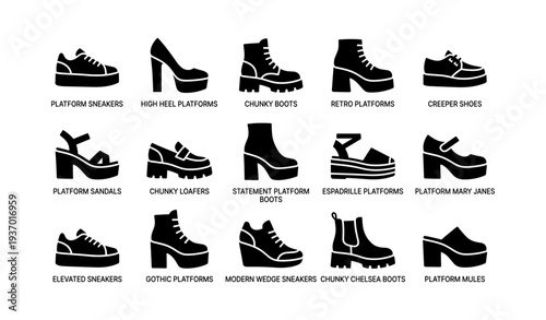 Variety of platform shoe styles including sneakers, sandals, loafers, and boots
