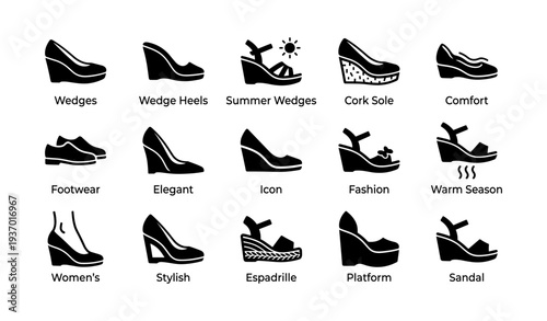 Collection of women's stylish wedges and sandals icons for summer fashion