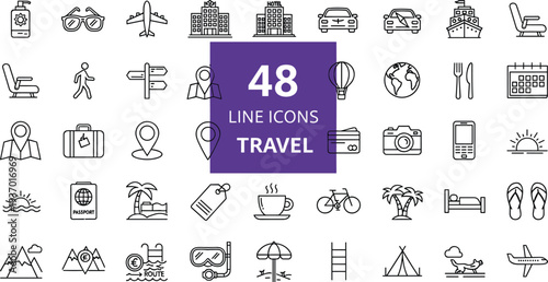 Set of forty eight minimalist black line travel icons including airplane hotel passport suitcase mountain beach and vacation symbols isolated on white.