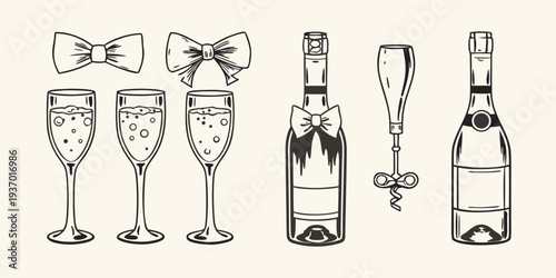 Celebratory sketches of champagne glasses and festive bow decorations