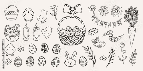 A collection of hand drawn easter themed elements in black and white