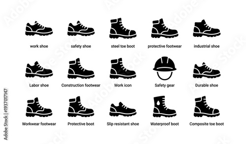 Icons of safety and work footwear with helmet for industrial use