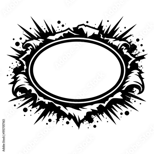 Dynamic black and white oval frame with aggressive spiky border, sharp mountain peaks, and explosive grunge splatters, ideal for impactful logos, edgy labels, bold emblems, and unique customizable gra