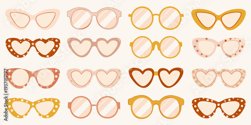 A collection of stylish sunglasses and heart shaped glasses in pastel tones