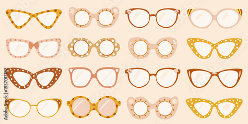 A collection of colorful and stylish eyeglasses arranged on a peach background