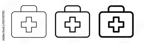 Medical Aid Kit Icon Set – First Aid Box, Emergency Equipment, Healthcare Symbol Vector Illustration
