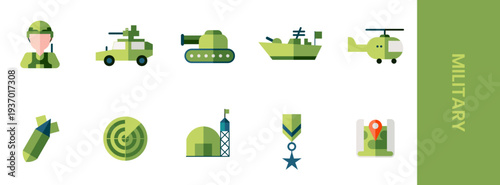 Military icon set with flat vector symbols of soldier, armored vehicles, tank, warship, helicopter, radar, missile, base, medal, and map marker for defense and strategy themes.