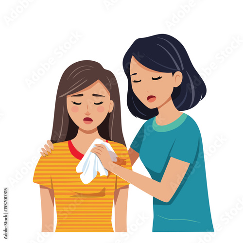 Woman comforting another offering tissue in a friendly pose