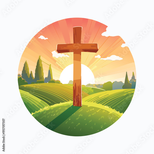 Wooden cross on a hill at sunrise illustration