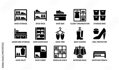 Home organization icons: shoe storage, closet solutions, modular shelves, rotating rack