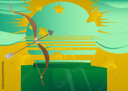 Mockup product display with Ancient arrow. Vector cylinder pedestal podium. Stage showcase for presentation. Minimal geometric forms.