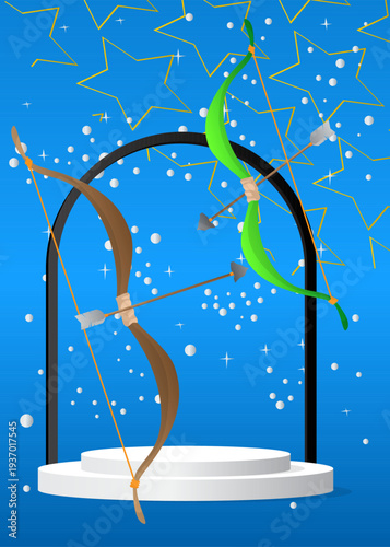 Mockup product display with Ancient arrow. Vector cylinder pedestal podium. Stage showcase for presentation. Minimal geometric forms.