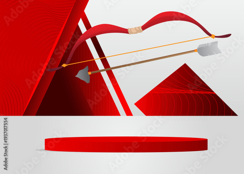 Mockup product display with Ancient arrow. Vector cylinder pedestal podium. Stage showcase for presentation. Minimal geometric forms.