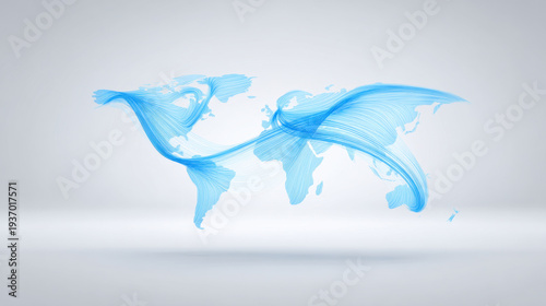 World map with blue flowing lines connecting continents in modern abstract style showing global connection and movement