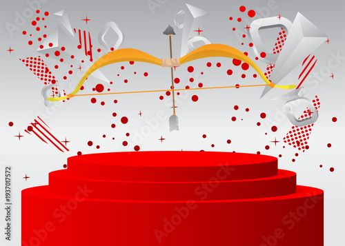 Mockup product display with Ancient arrow. Vector cylinder pedestal podium. Stage showcase for presentation. Minimal geometric forms.