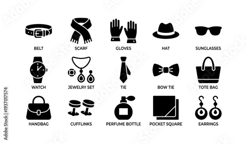 Fashion accessories collection: belt, scarf, gloves, hat, sunglasses, jewelry, watch, tie, bag