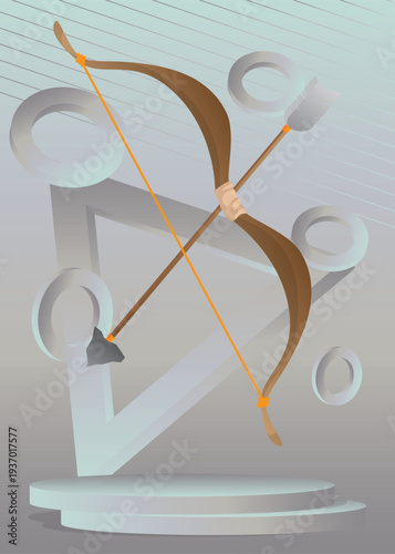 Mockup product display with Ancient arrow. Vector cylinder pedestal podium. Stage showcase for presentation. Minimal geometric forms.