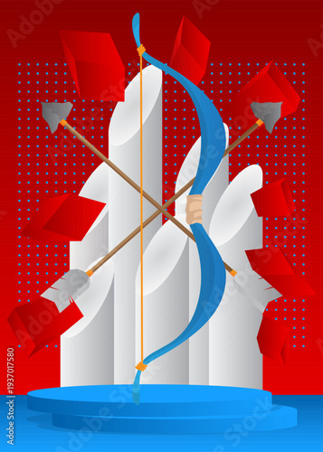 Mockup product display with Ancient arrow. Vector cylinder pedestal podium. Stage showcase for presentation. Minimal geometric forms.