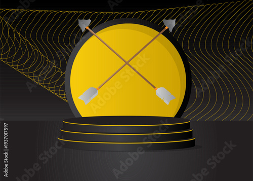 Mockup product display with Ancient arrow. Vector cylinder pedestal podium. Stage showcase for presentation. Minimal geometric forms.