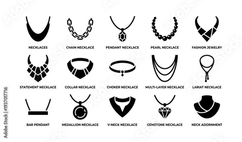 Necklace collection: diverse designs of pendants, chains, and chokers