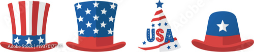 USA patriotic hat set with stars and stripes, American Independence Day cartoon hats