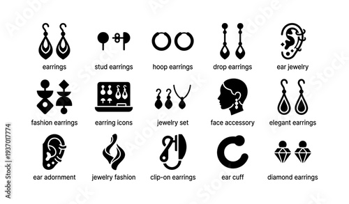 Earrings collection: studs, hoops, drops, clips, and jewelry designs