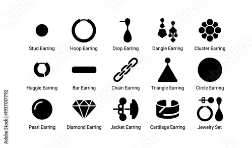 Stylish earring icon set featuring various designs and shapes