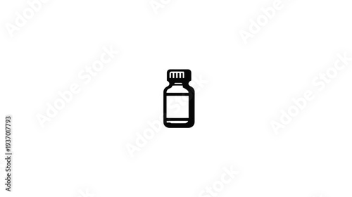 Black and white illustration of a bottle with a cap. The bottle has a rectangular label