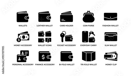 Set of wallet icons featuring leather, card holders, coin purse, and key accessories