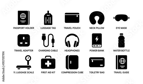 Essential travel accessories: passport holder, neck pillow, eye mask, power bank, first aid kit