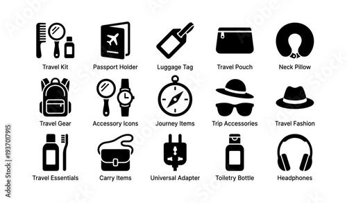 Essential travel items icons: gear, accessories, kit, pouch, essentials