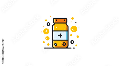 A cartoon illustration of a medicine bottle with a plus sign, surrounded by bubbles