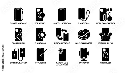 Smartphone accessories collection: case, charger, headphones, and mobile gadgets